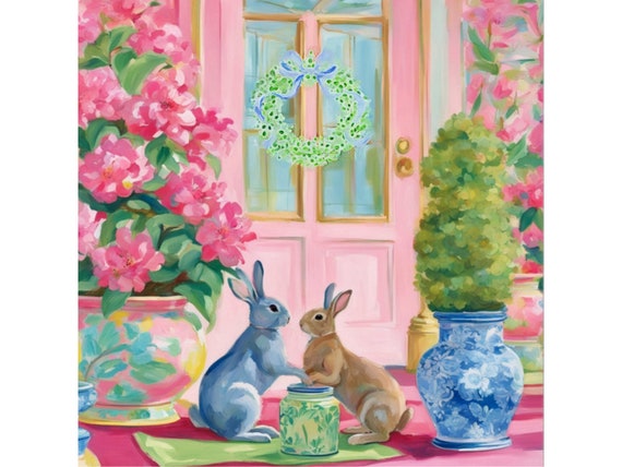Grandmillennial art, Bunnies at the Pink Door, whimsical fine art