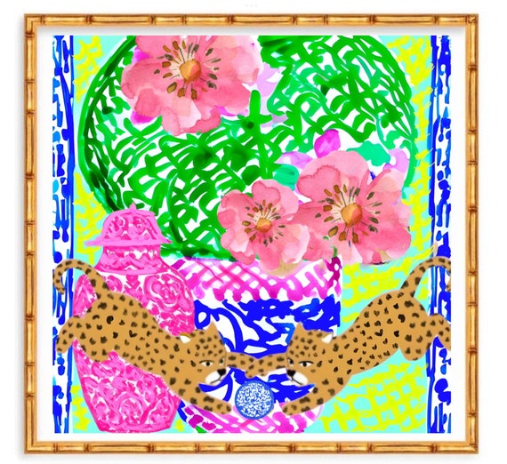 Cheetah Cubs Watercolor Painting: Preppy Chinoiserie Wall Art (Digital Download)