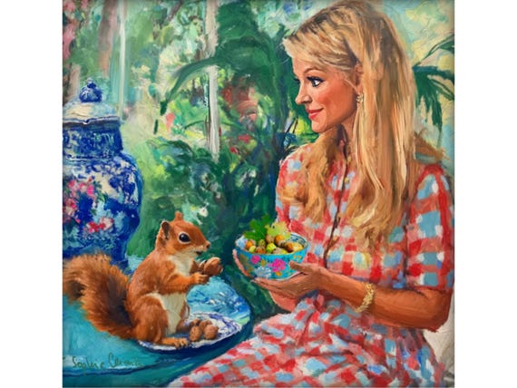 Whimsical Squirrel Art Print: Grandmillennial Chinoiserie Decor