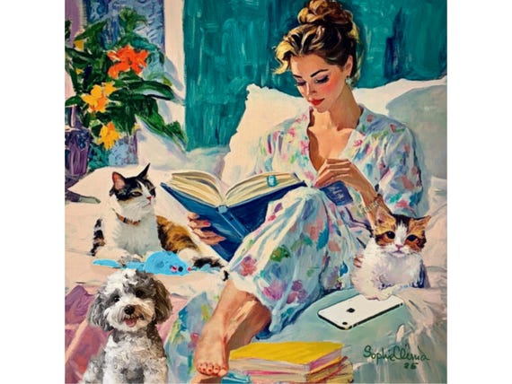 Grandmillennial art, The Reading Room, whimsical fine art