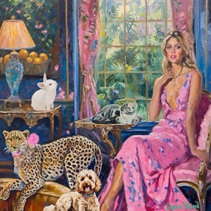 May include: A woman in a pink dress sits in a chair with a cheetah, a rabbit, and a cat. The woman is wearing a necklace and has her hair pulled back. The cheetah is wearing a flower on its head. The background is a lush green jungle scene.