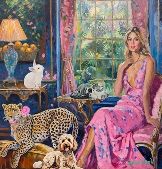 Grandmillennial art, The house of white bunny, whimsical fine art