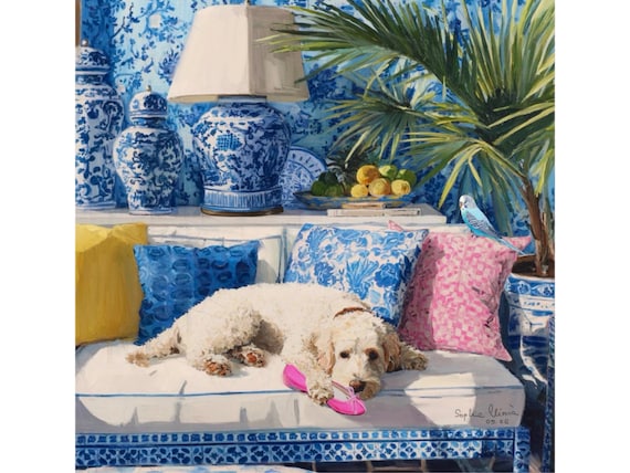 Preppy blue and white art, Lord of the Pink Shoe, elegant Labradoodle girl in blue and white sunroom