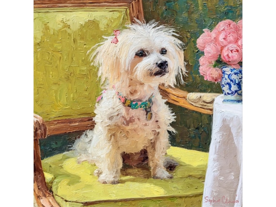 Grandmillennial art, A Bad Hair Day, whimsical dog art