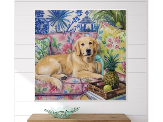 The Golden Retriever and a ballet pump on blue veranda, chinoiserie dog print, Hollywood Regency signed art
