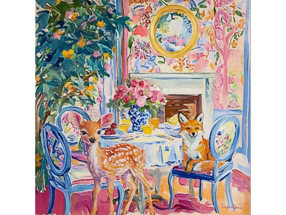 Grandmillennial art, Lunch in French Chateau, whimsical fine art