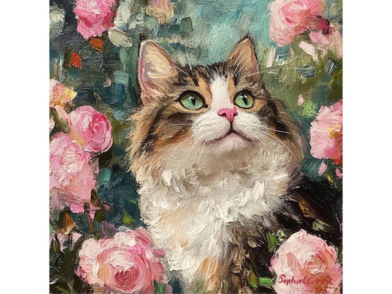 Grandmillennial art, Kitty in a rose garden, whimsical cat art