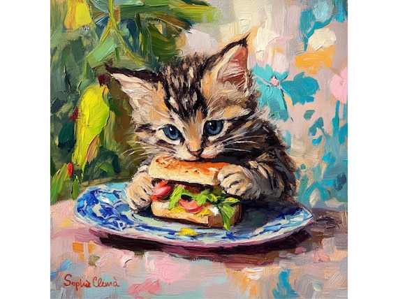 Grandmillennial art, Lunchtime, whimsical kitten art