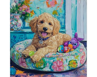 Whimsical Dog Art Print: Grandmillennial Preppy Wall Decor