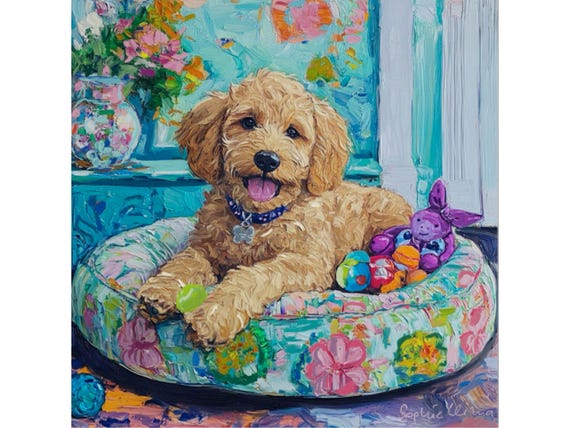 Whimsical Dog Art Print: Grandmillennial Preppy Wall Decor