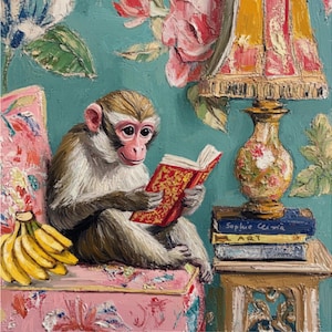 May include: A monkey sitting in a pink armchair with floral patterns, reading a red book. A lamp with a floral patterned shade is on a side table with a stack of books. The books have the titles "Sophie Cecoria" and "ART".