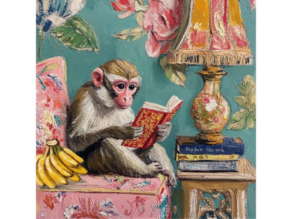 Grandmillennial art, The night before exam, whimsical Palm Beach monkey art