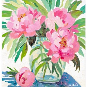 Pink peonies in glass bowl, grandmillennial art, oil painting
