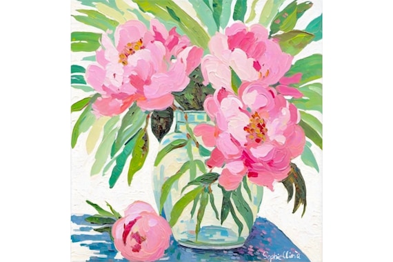 Pink peonies in glass bowl, grandmillennial art, oil painting