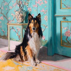 May include: A painting of a Collie dog with black, tan, and white fur, sitting in a room with a floral wallpaper and a turquoise door. A small table holds a vase with branches.