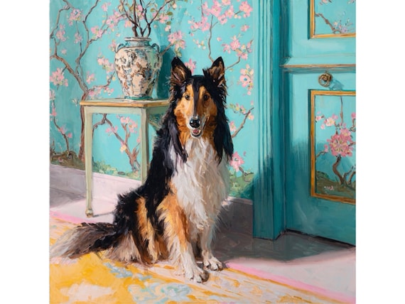 Grandmillennial art, Collie dog in turquoise, chinoiserie interior