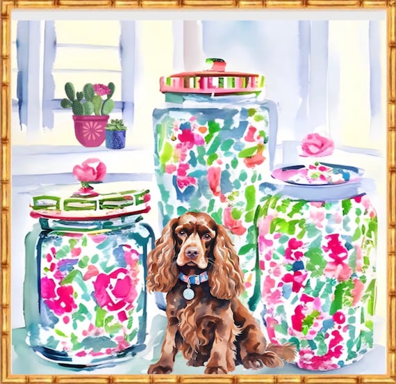 Grandmillennial art, Instant download Cocker Spaboel among chinoiserie jars
