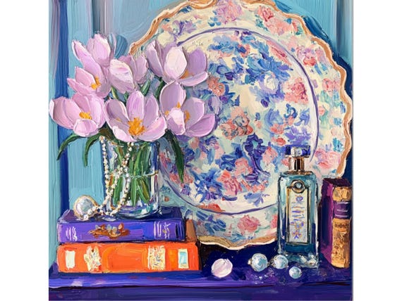 grandmillennial art, Still life with crocuses, pearls, books and chinoiserie plate,  oil painting