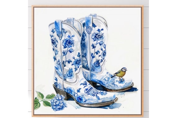 Chinoiserie Cowgirl Boots Art Print: Coastal Western Decor