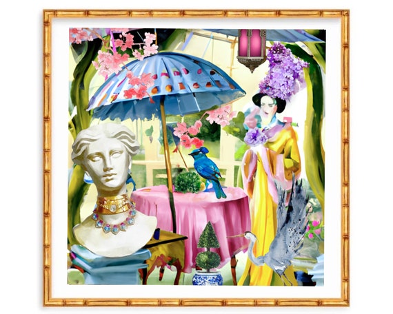 Chinoiserie art, Whimsical modern chinoiserie with grey heron