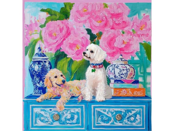 Grandmillennial art, Terrier and Labradoodle in preppy chinoiserie interior, whimsical fine art