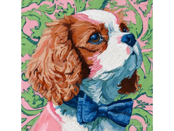 Preppy King Charles Spaniel portrait, whimsical dog art