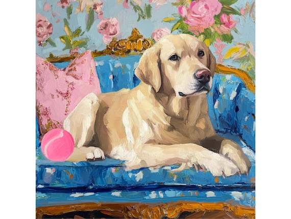Grandmillennial art, Blonde Labrador on blue dog bed, whimsical fine art