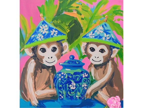 Grandmillennial art, Preppy chinoiserie monkeys on hot pink, art print