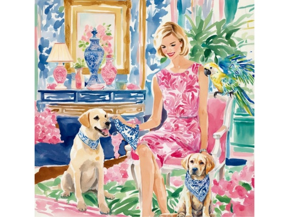 Grandmillennial art, Trying on the New Bandanas, whimsical fine art print