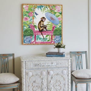 Grandmillennial art, Monkey in chinoiserie garden art print