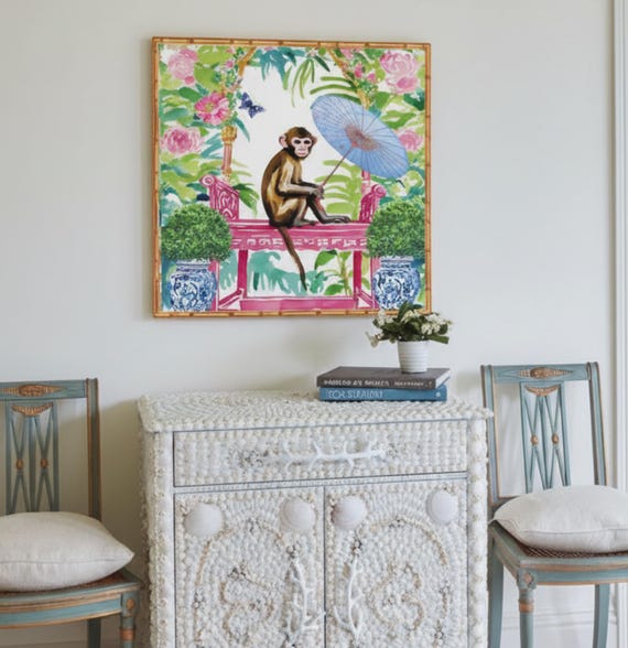 Grandmillennial art, Monkey in chinoiserie garden art print