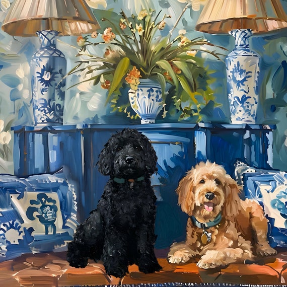 Grandmillennial art, Golden and Blavk doodles in preppy chinoiserie interior, whimsical watercolor