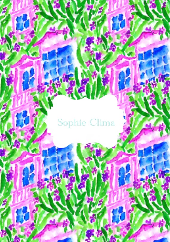 Preppy house and garden with bluebells, watercolor pattern, floral print