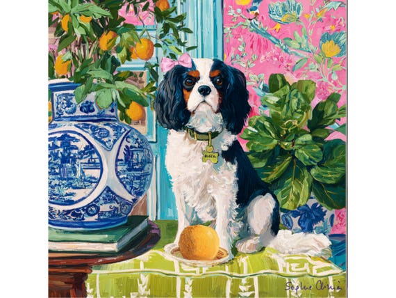 Cavalier King Charles Art Print: Grandmillennial Chinoiserie Dog Portrait