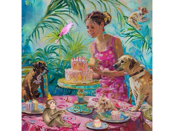 Grandmillennial art, A Brirthday Party, preppy whimsical art