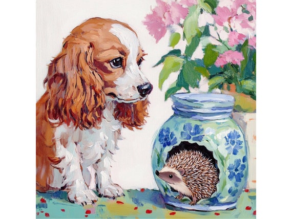 Grandmillennial art, HI,  Spaniel puppy and hedgehog whimsical art