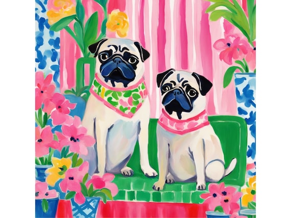 Pugs in Preppy Interior: Floral Matisse Inspired Art Print