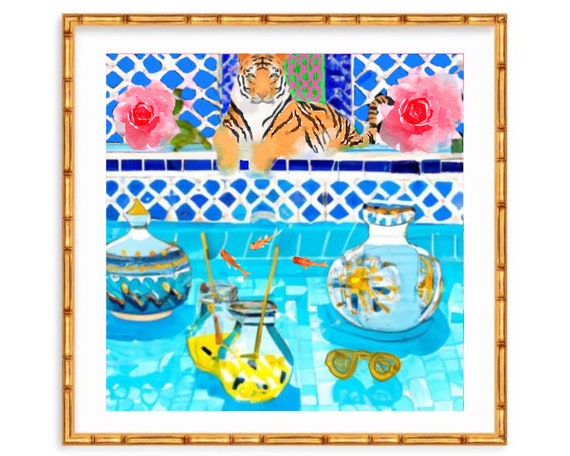 Grandmillennial art, Whimsical tiger in Moroccan swimming pool 2