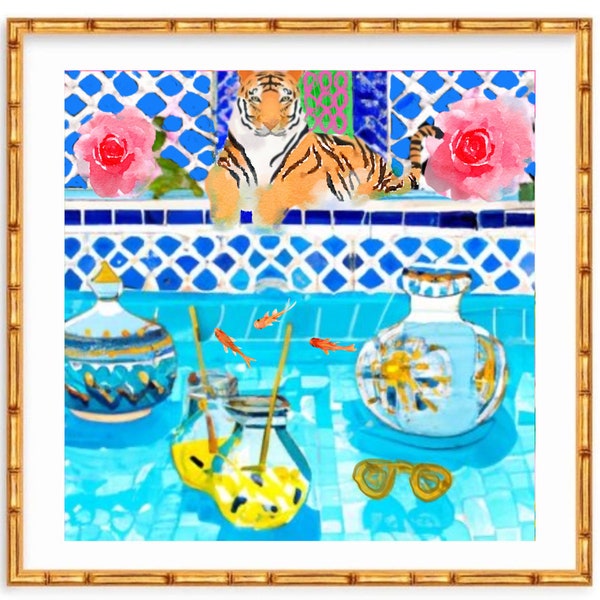 Grandmillennial art, Whimsical tiger in Moroccan swimming pool 2