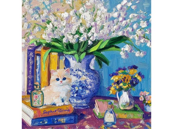 Ginger Kitten Art Print: Lillies of the Valley, Grandmillennial Decor