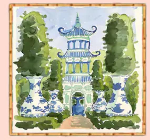 Grandmillennial art, Chinoiserie pagoda garden 4 art print