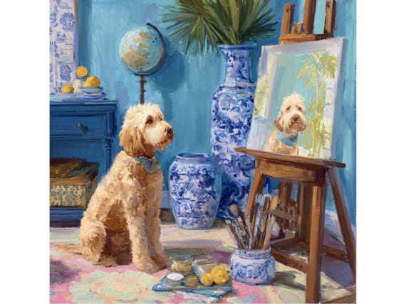 Grandmillennial art, The Connoisseur, Whimsical Labradoodle giclee print by Sophie Clima
