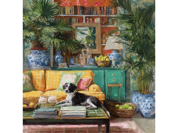 Sporting dog study art, “Lord of the Manor,  Grandmillennial Chinoiserie, Palm Beach Decor