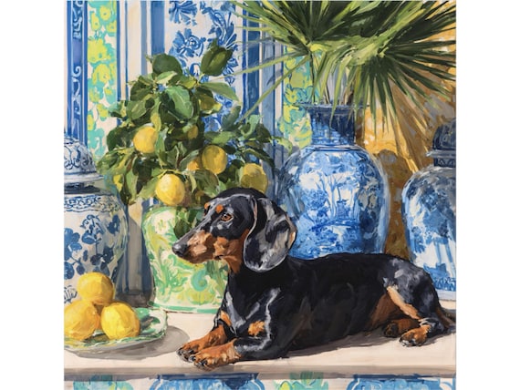 Grandmillennial art, Dachshund and lemons in chinoiserie room, preppy whimsical dog print