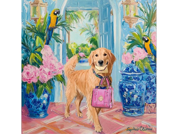 Grandmillennial art, A Messanger, whimsical Golden Retriever art