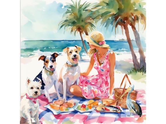 Grandmillennial art, Picnic in Palm Beach, coastal Florida girly art
