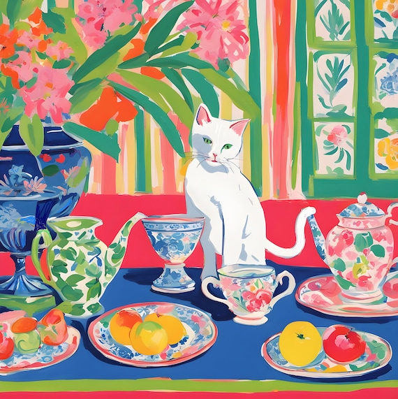 Whimsical White Cat Art Print: Grandmillennial English Tea Watercolor