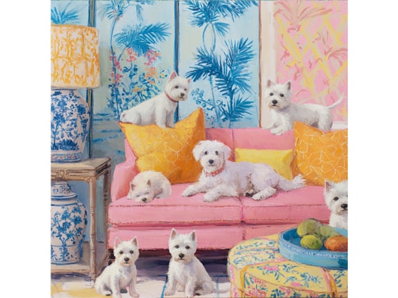 Grandmillennial art, Bundle of Joy, fine art dog print