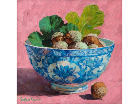 grandmillennial art, Blue and White Chinouserie bowl,with acorns, oil painting