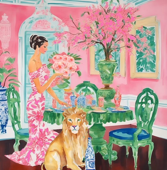 Grandmillennial art, Flower arrangement, whimsical watercolor